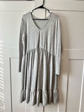 Soft V-Neck Long Sleeve Gray Knit Babydoll Dress
